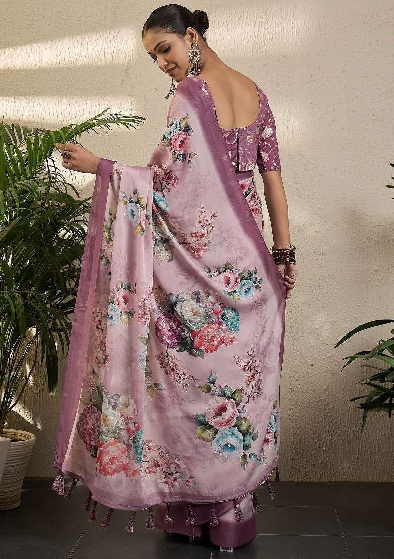 Mauve Printed Georgette Saree Set - Indya
