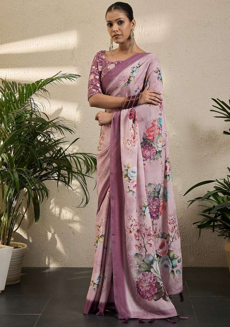 Mauve Printed Georgette Saree Set - Indya