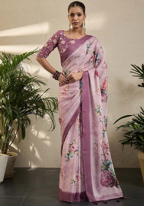 Mauve Printed Georgette Saree Set — view on Indya