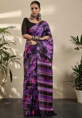 Purple Printed Georgette Saree Set