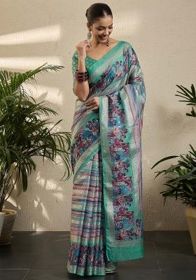 Sea Green Printed Jute Silk Saree Set