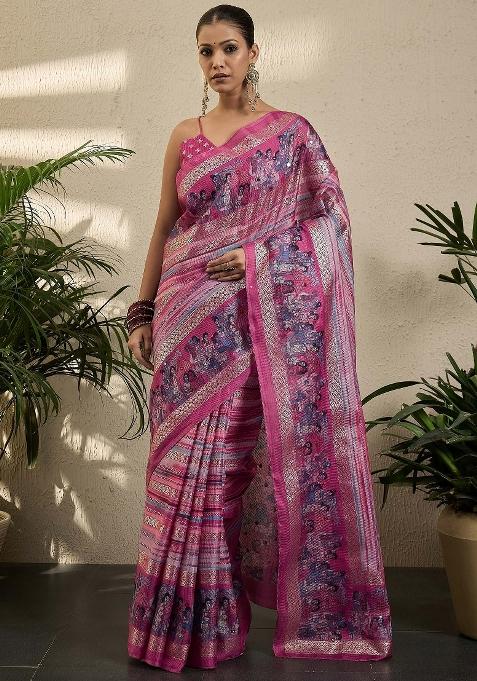 Pink Printed Jute Silk Saree Set