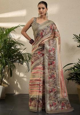 Peach Printed Jute Silk Saree Set