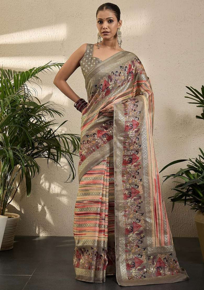Peach Printed Jute Silk Blend Saree Set - Indya