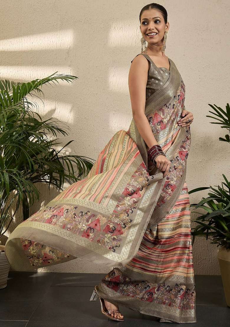 Peach Printed Jute Silk Blend Saree Set - Indya