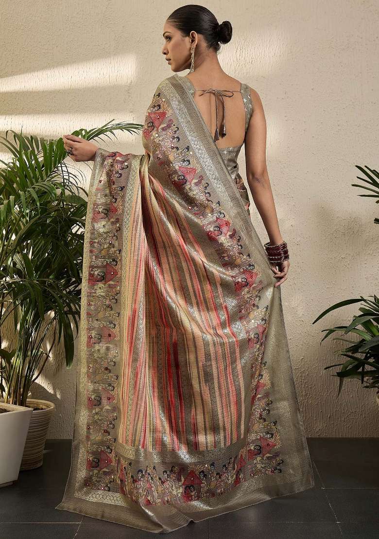 Peach Printed Jute Silk Blend Saree Set - Indya