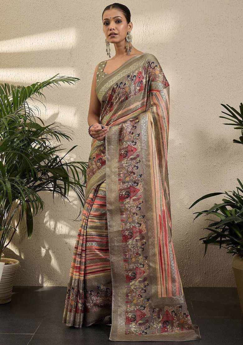 Peach Printed Jute Silk Blend Saree Set - Indya