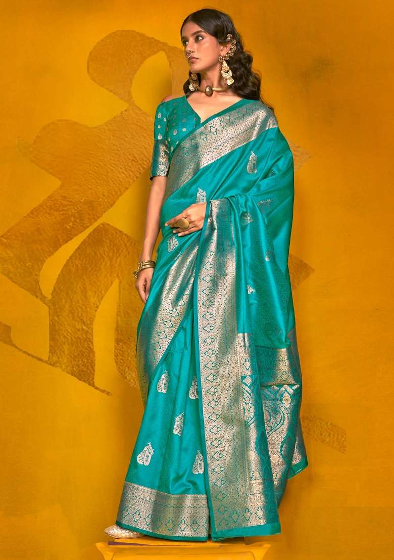 Light Blue Printed Silk Blend Saree Set - Indya