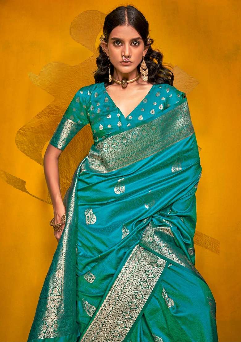 Light Blue Printed Silk Blend Saree Set - Indya