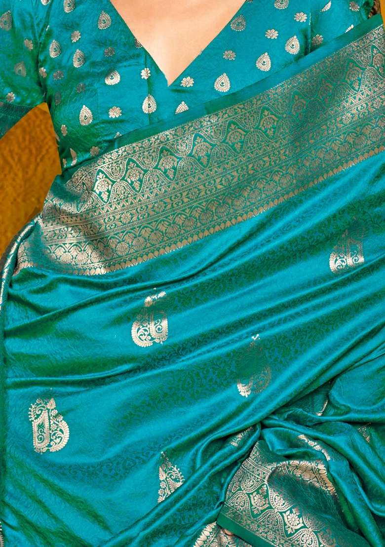 Light Blue Printed Silk Blend Saree Set - Indya