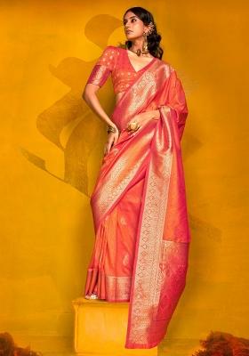 Orange Printed Silk Blend Saree Set