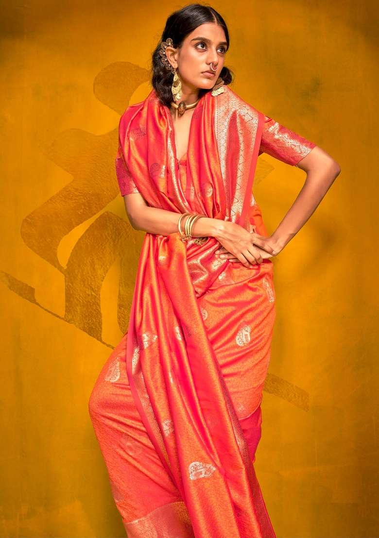 Orange Silk Blend Saree Set with Printed for Diwali | Wedding & Festive Wear - Indya