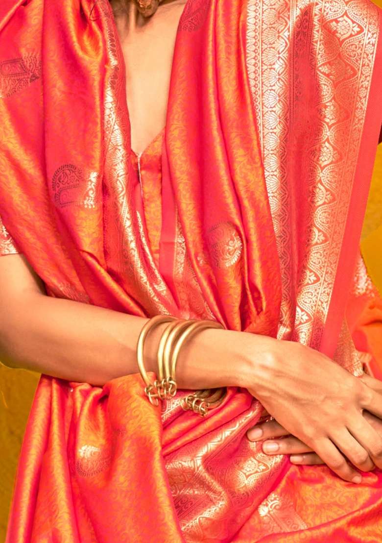 Orange Silk Blend Saree Set with Printed for Diwali | Wedding & Festive Wear - Indya