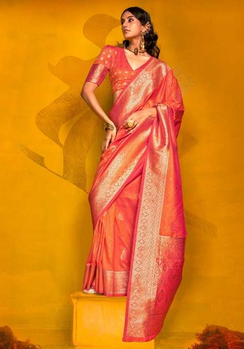 Orange Silk Blend Saree Set with Printed for Diwali | Wedding & Festive Wear