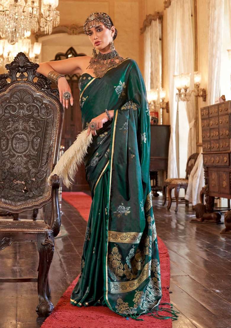 Dark Green Blend Satin Silk Saree Set with Printed for Diwali | Wedding & Festive Wear - Indya