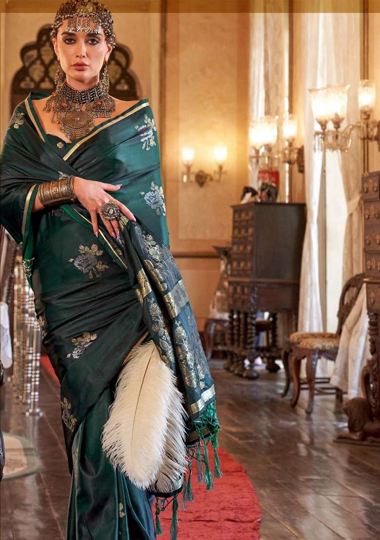 Dark Green Blend Satin Silk Saree Set with Printed for Diwali | Wedding & Festive Wear - Indya