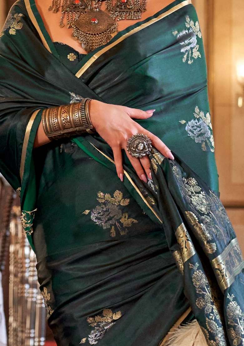 Dark Green Blend Satin Silk Saree Set with Printed for Diwali | Wedding & Festive Wear - Indya