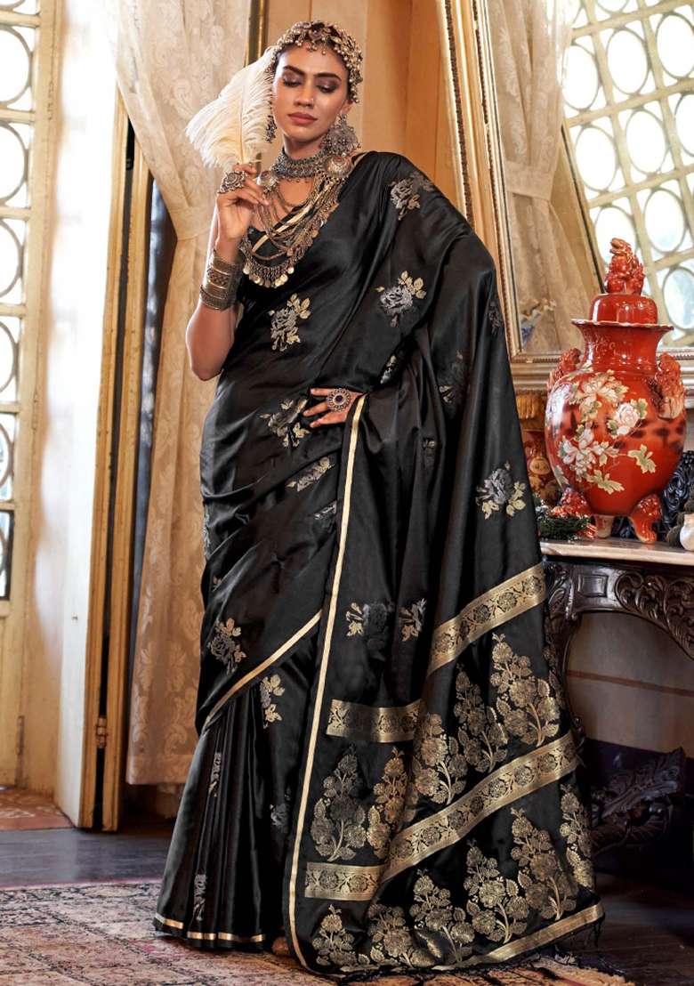 Black Blend Satin Silk Saree Set with Printed for Diwali | Wedding & Festive Wear - Indya