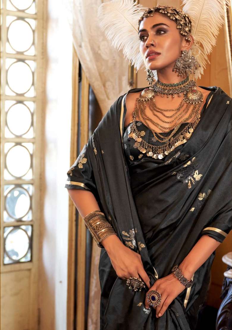 Black Blend Satin Silk Saree Set with Printed for Diwali | Wedding & Festive Wear - Indya