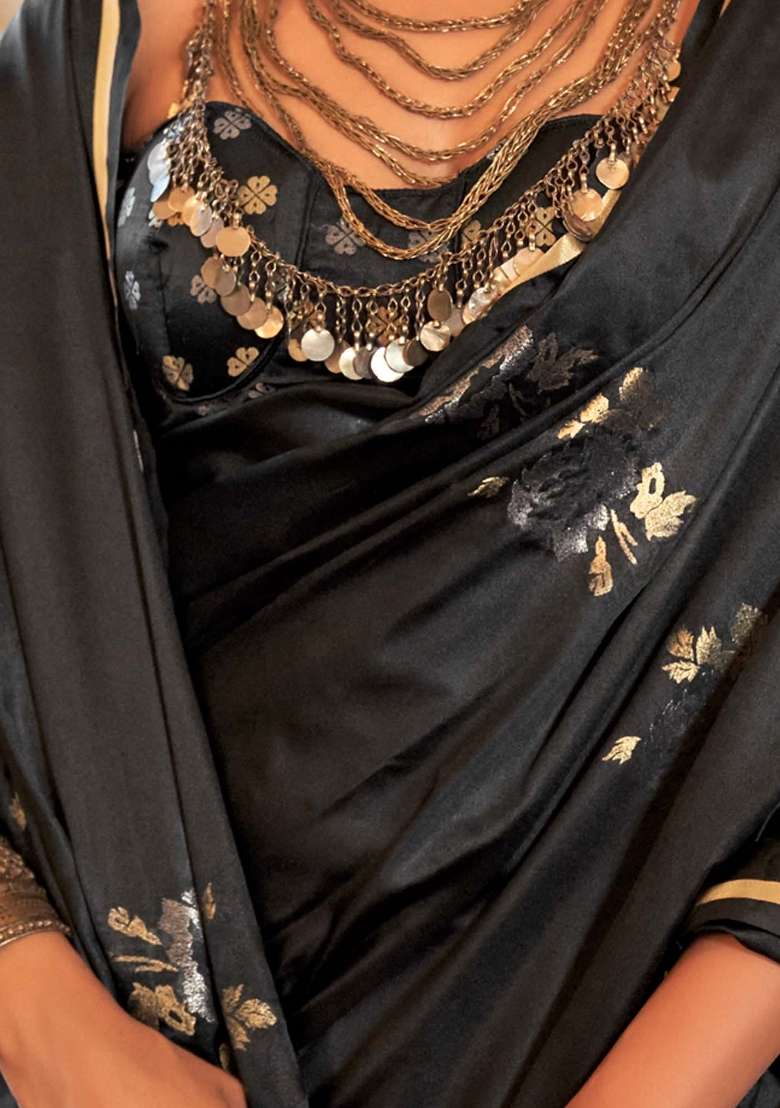 Black Blend Satin Silk Saree Set with Printed for Diwali | Wedding & Festive Wear - Indya