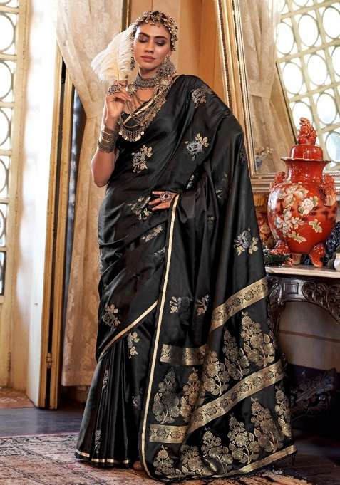 Black Blend Satin Silk Saree Set with Printed for Diwali | Wedding & Festive Wear
