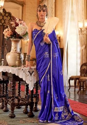 Navy Blue Printed Satin Silk Saree Set