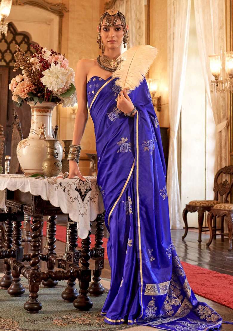 Navy Blue Printed Satin Silk Blend Saree Set - Indya