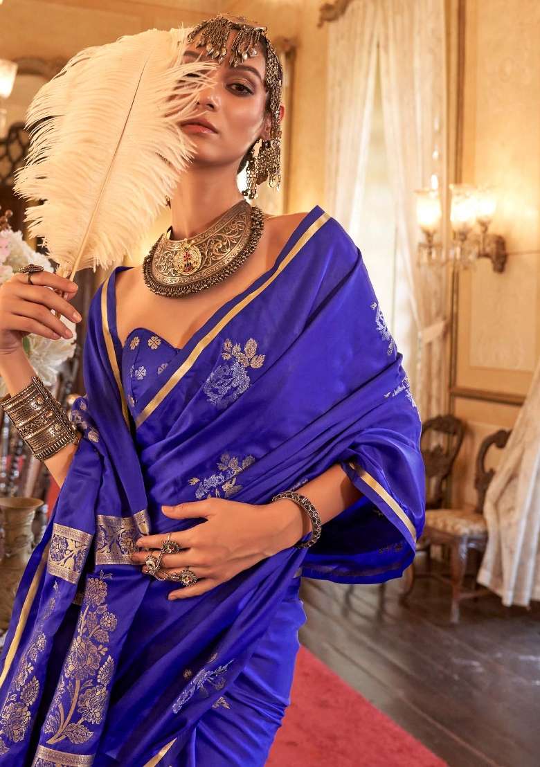 Navy Blue Printed Satin Silk Blend Saree Set - Indya