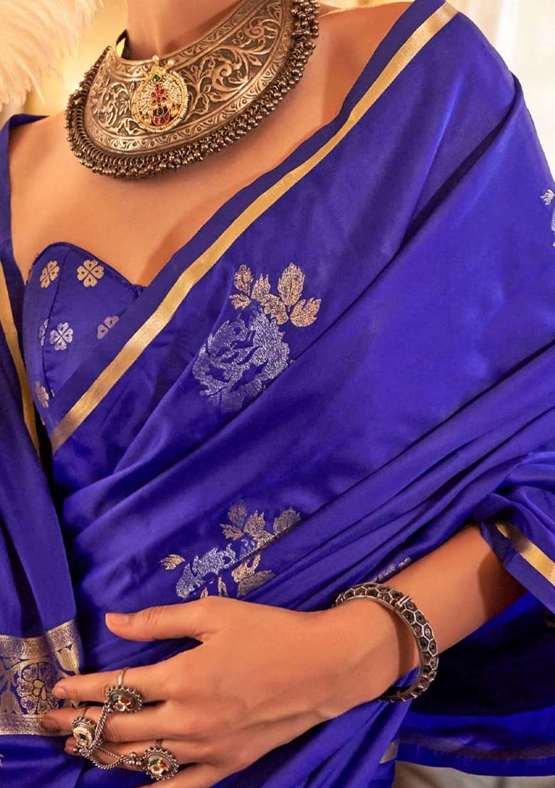 Navy Blue Printed Satin Silk Blend Saree Set - Indya