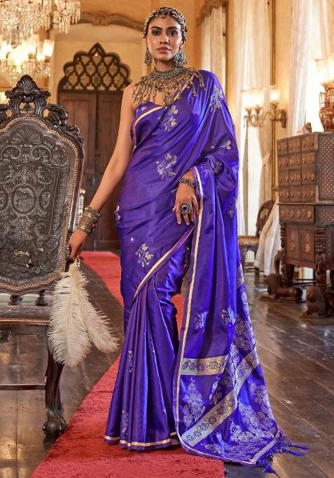 Indigo Printed Satin Silk Saree Set — view on Indya