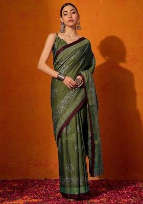 Olive Printed Cotton Saree Set