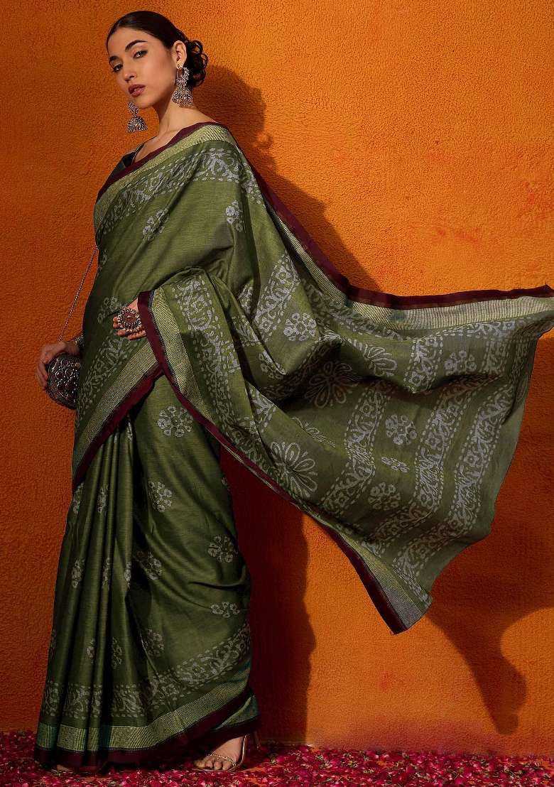 Olive Printed Cotton Saree Set for Diwali and Festive Wear - Indya