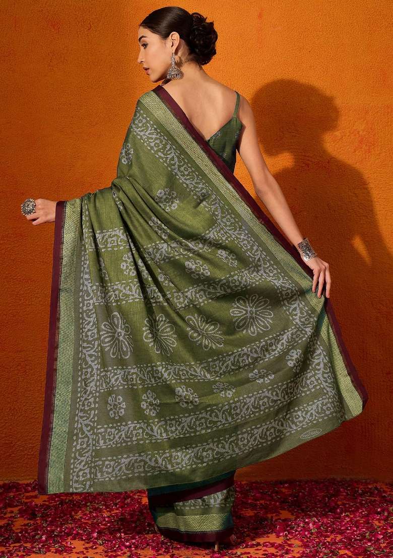 Olive Printed Cotton Saree Set for Diwali and Festive Wear - Indya