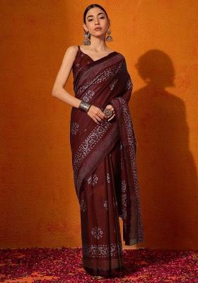 Maroon Printed Cotton Saree Set