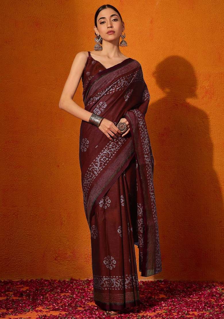 Maroon Printed Cotton Saree Set - Indya