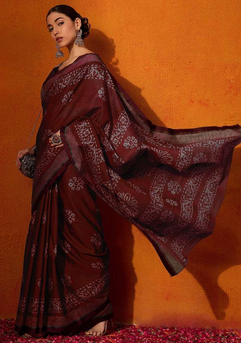Maroon Printed Cotton Saree Set - Indya