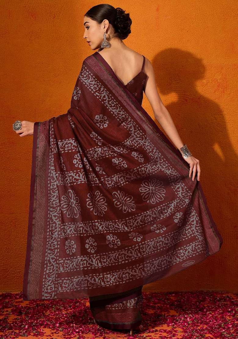 Maroon Printed Cotton Saree Set - Indya