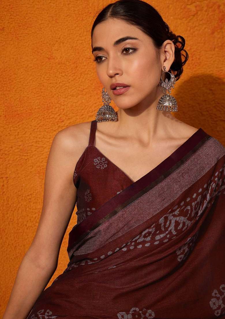 Maroon Printed Cotton Saree Set - Indya
