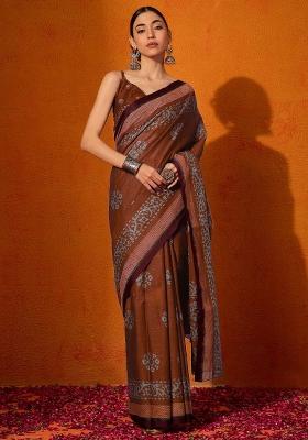Rust Printed Cotton Saree Set