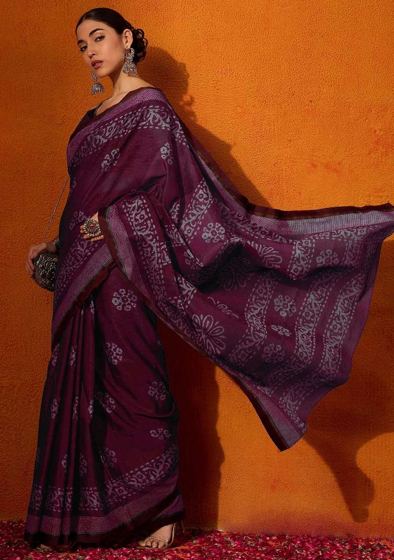 Burgundy Cotton Saree Set with Printed for Diwali | Wedding & Festive Wear - Indya