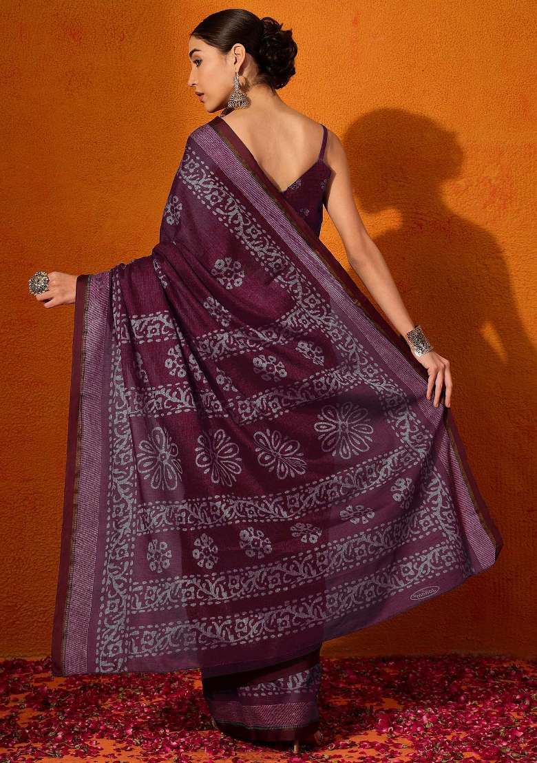 Burgundy Cotton Saree Set with Printed for Diwali | Wedding & Festive Wear - Indya