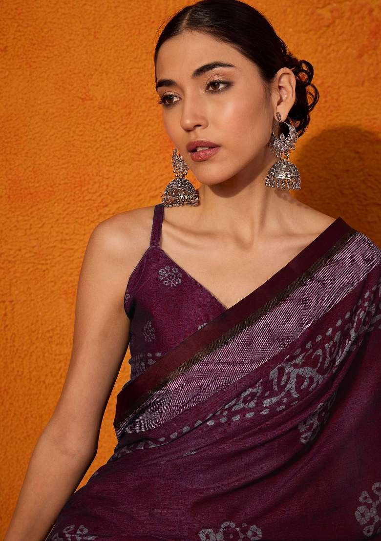 Burgundy Cotton Saree Set with Printed for Diwali | Wedding & Festive Wear - Indya