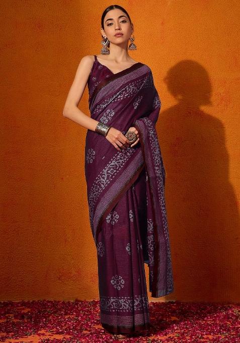 Burgundy Printed Cotton Saree Set — view on Indya