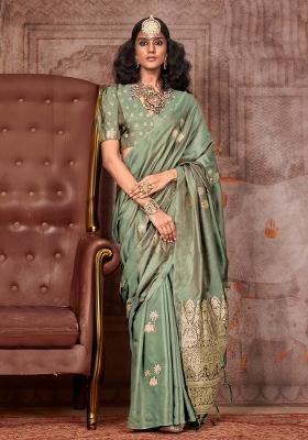 Light Green Printed Satin Silk Blend Saree Set