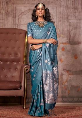 Teal Blue Printed Satin Silk Saree Set