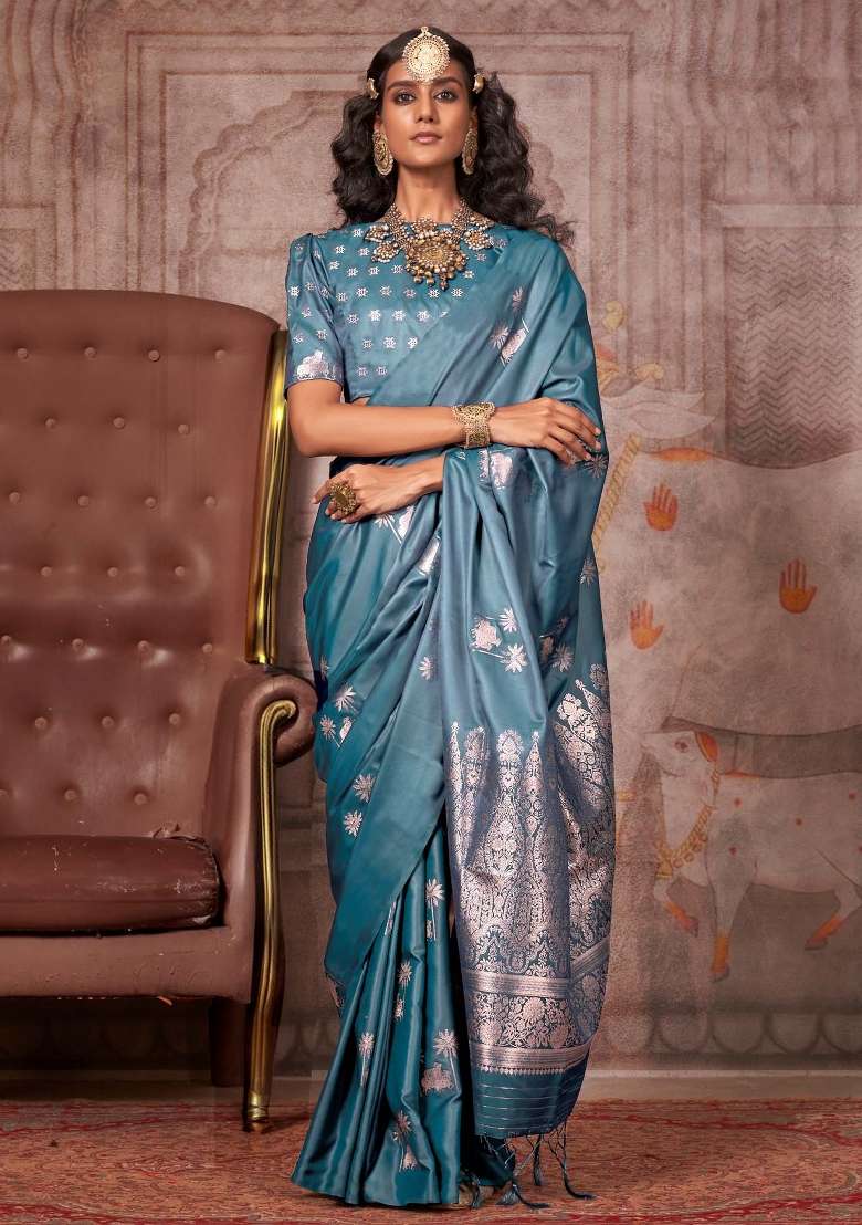 Teal Blue Printed Satin Silk Blend Saree Set for Diwali and Festive Wear - Indya