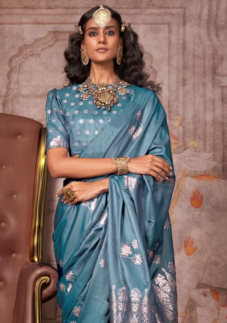 Teal Blue Printed Satin Silk Blend Saree Set for Diwali and Festive Wear - Indya