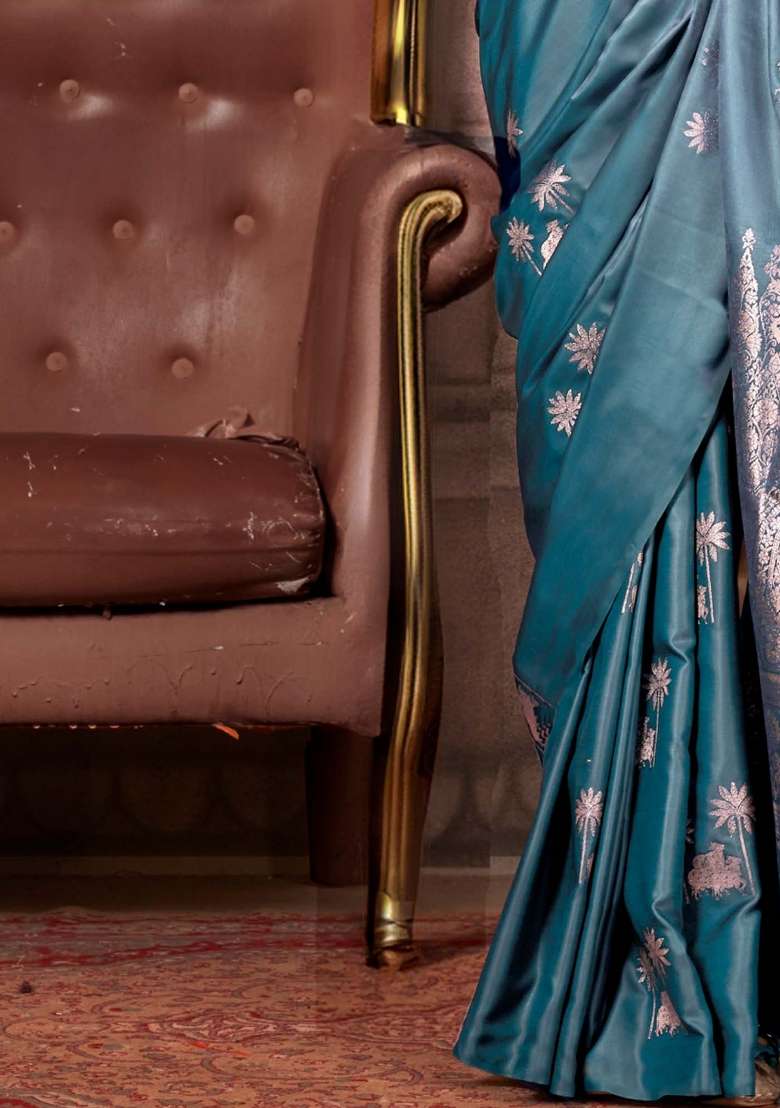 Teal Blue Printed Satin Silk Blend Saree Set for Diwali and Festive Wear - Indya
