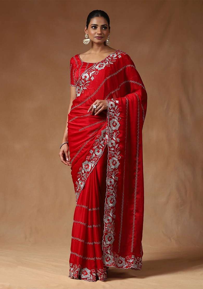 Red Blend Satin Silk Saree Set with Printed for Diwali | Wedding & Festive Wear - Indya