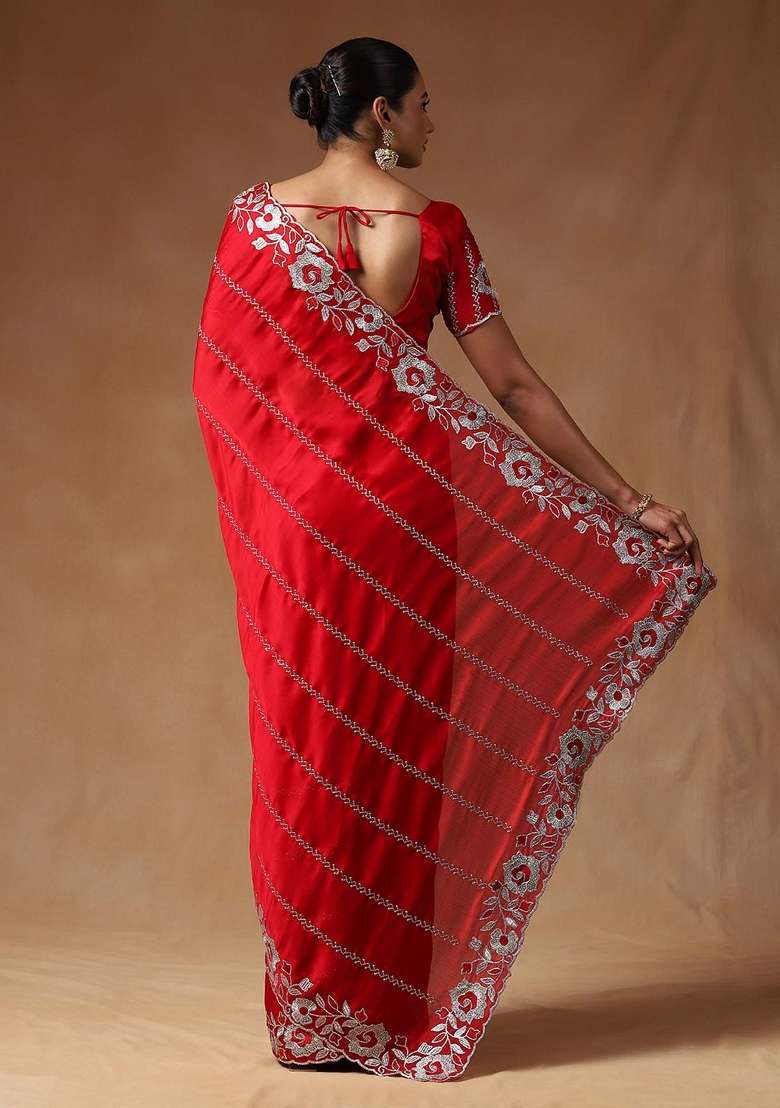 Red Blend Satin Silk Saree Set with Printed for Diwali | Wedding & Festive Wear - Indya